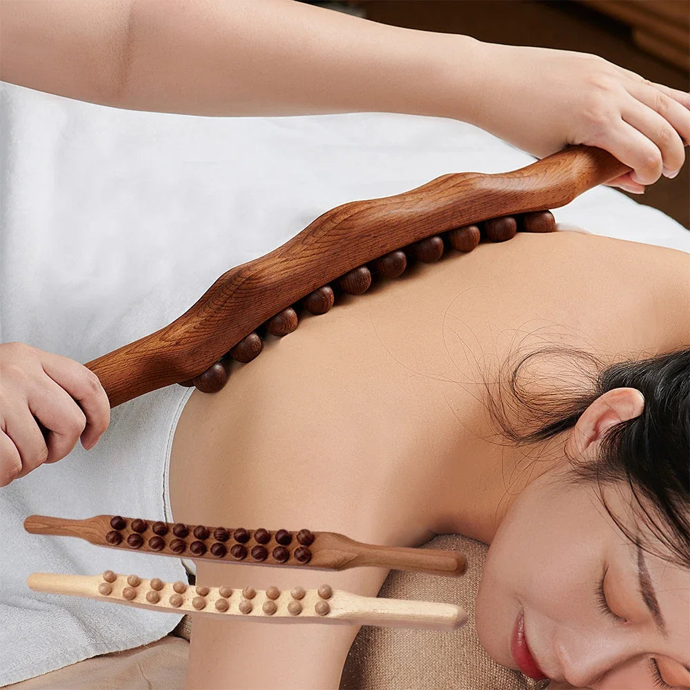 20 Beads Wood Lymphatic Drainage Massager Handheld Massage Therapy Stick for Neck Back Pain Relief Stomach Body Shaping Roller