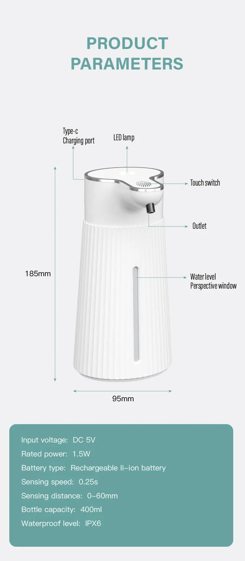 400ml Automatic Foam Soap Dispensers Bathroom Smart Washing Hand Machine with USB Charging White High Quality ABS Material