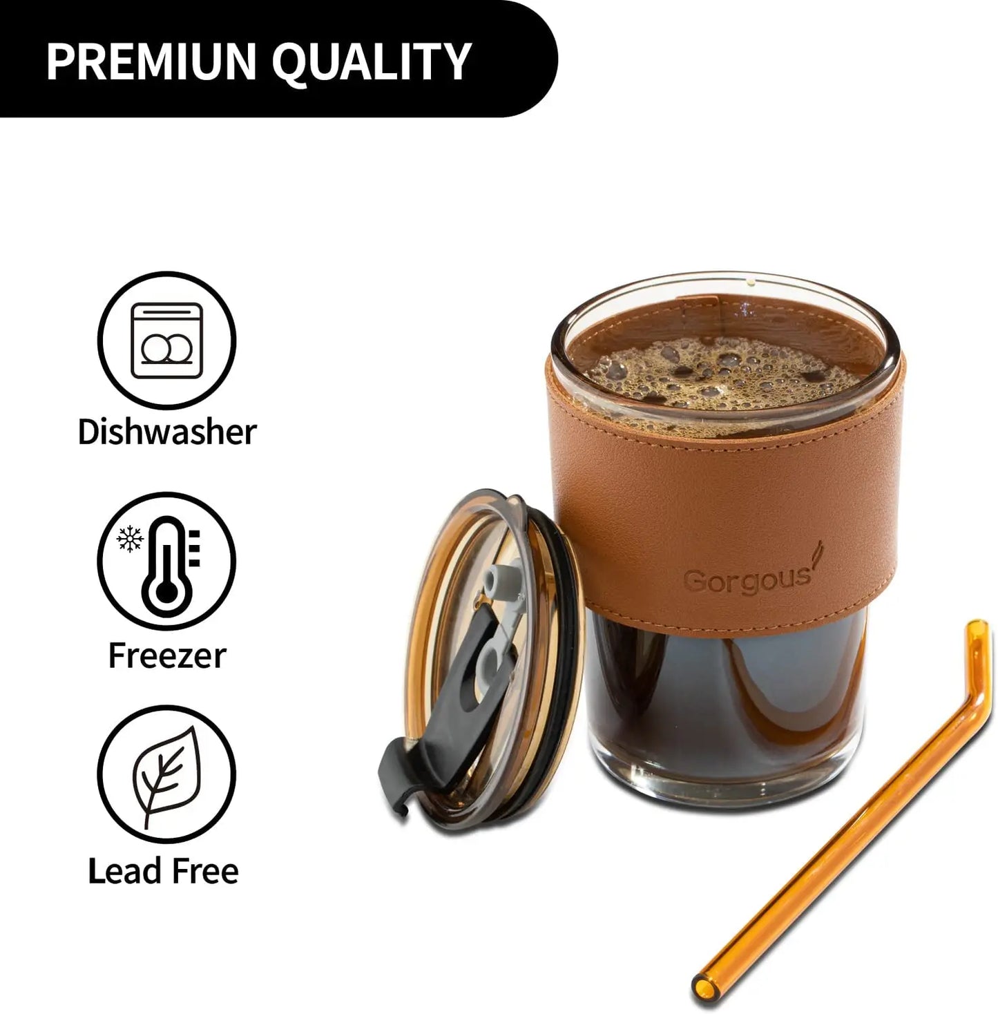 13oz eco-friendly insulated glass coffee mug with straw and lid