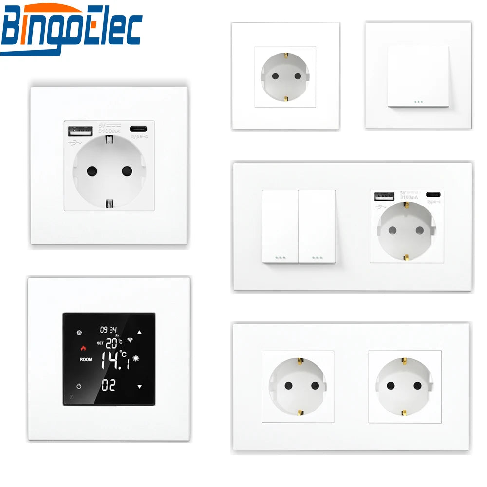 EU Wall Socket Light Push Switch Double Electric Sockets with USB Type-c Ports Power Outlets Plastic Frame Mechanical Switches