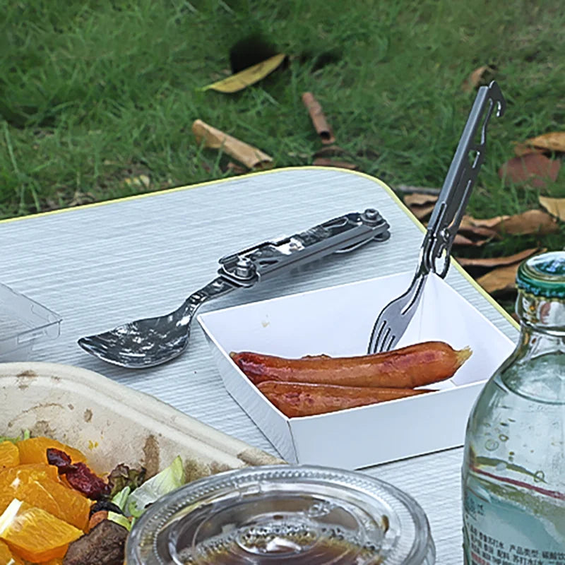 Outdoor Tableware Multi-function Portable Knife Fork Spoon Bottle Opener Foldable Cutlery Camping Equipment