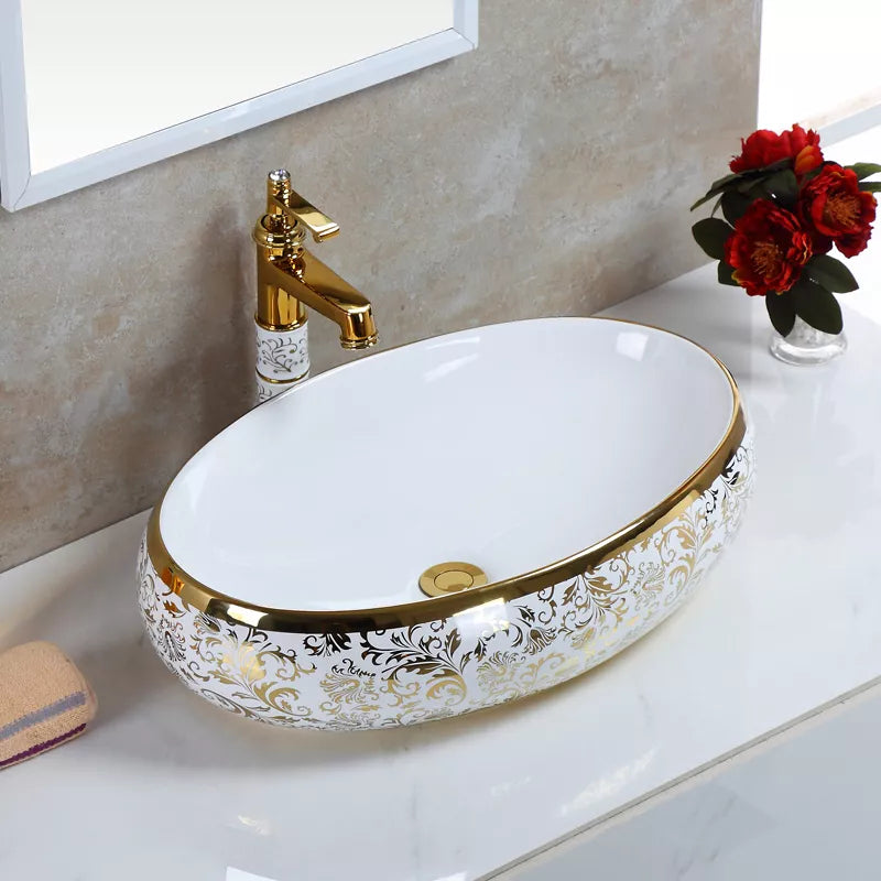 Golden Flower Design Ceramic Bathroom Sink Set