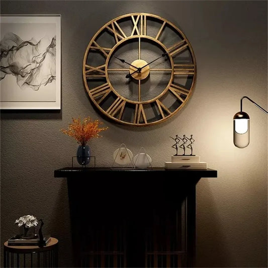 Modern 3D Roman Numerals Wall Clock - Retro Metal Iron Design