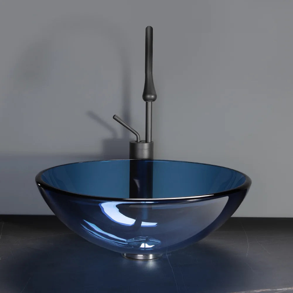 Blue Round Tempered Glass Sink for Bathroom