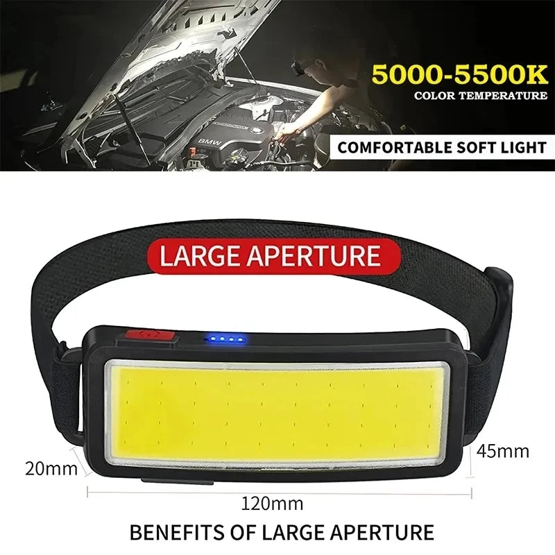 COB LED Headlight Flashlight 3 Mode USB Rechargeable HeadLamp Hiking Camping Lamp