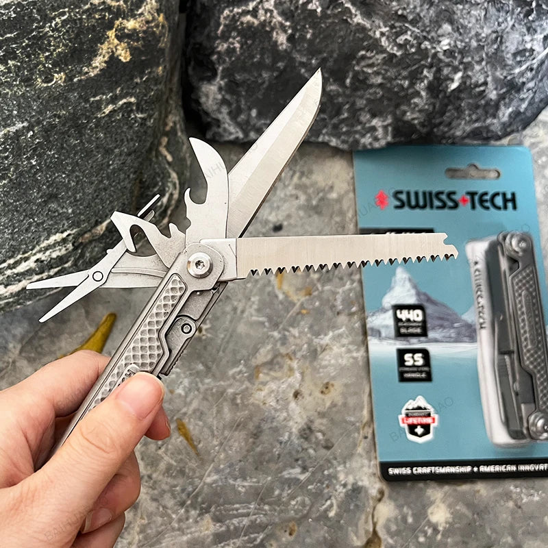 Swiss Tech 11-in-1 Multitool Portable Folding Knife, Saw, Scissors and Bottle Opener