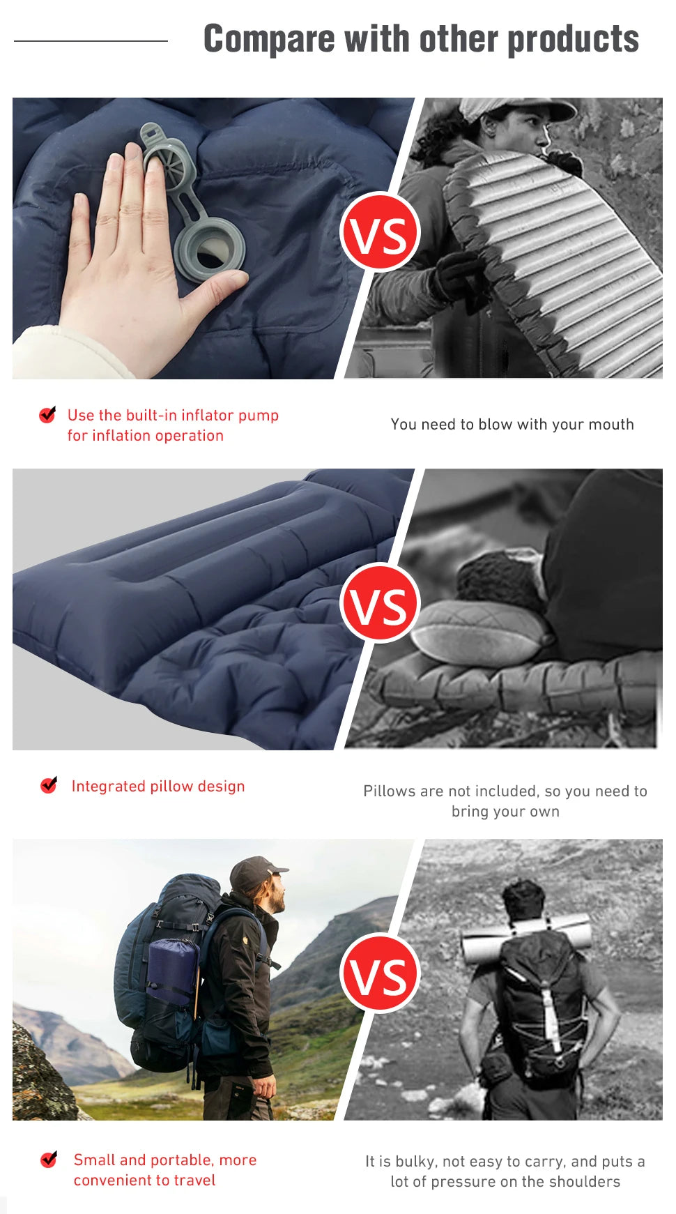 WESTTUNE Double Inflatable Mattress with Built-in Pillow Pump Outdoor Sleeping Pad Camping Air Mat for Travel Backpacking Hiking