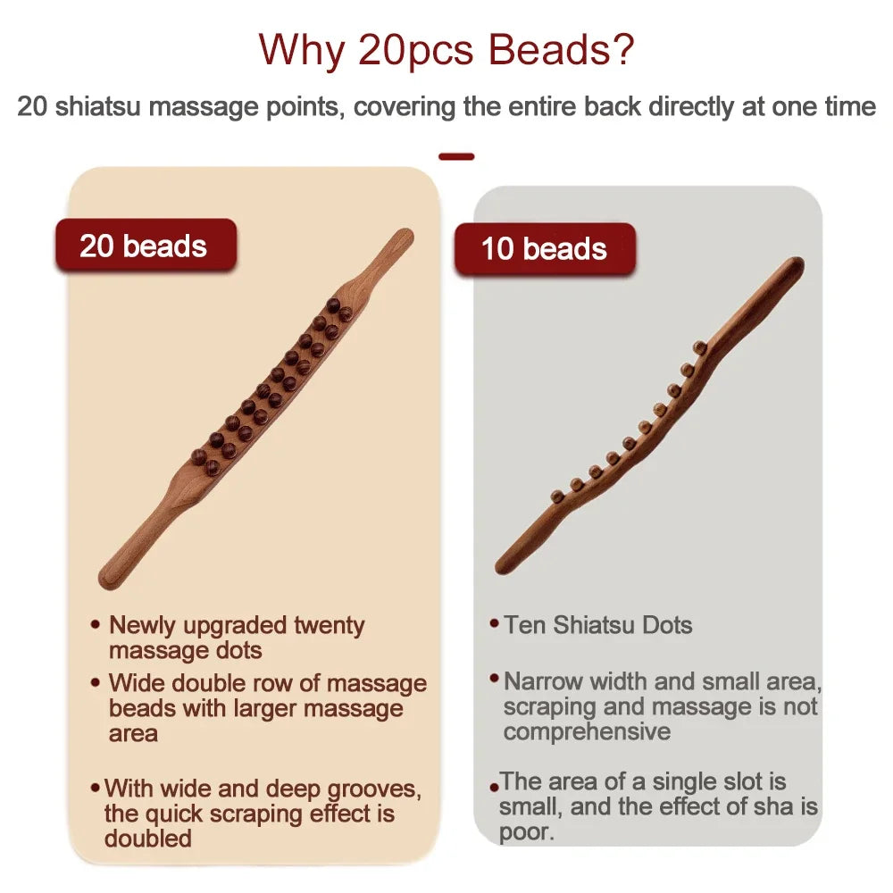 20 Beads Wood Lymphatic Drainage Massager Handheld Massage Therapy Stick for Neck Back Pain Relief Stomach Body Shaping Roller