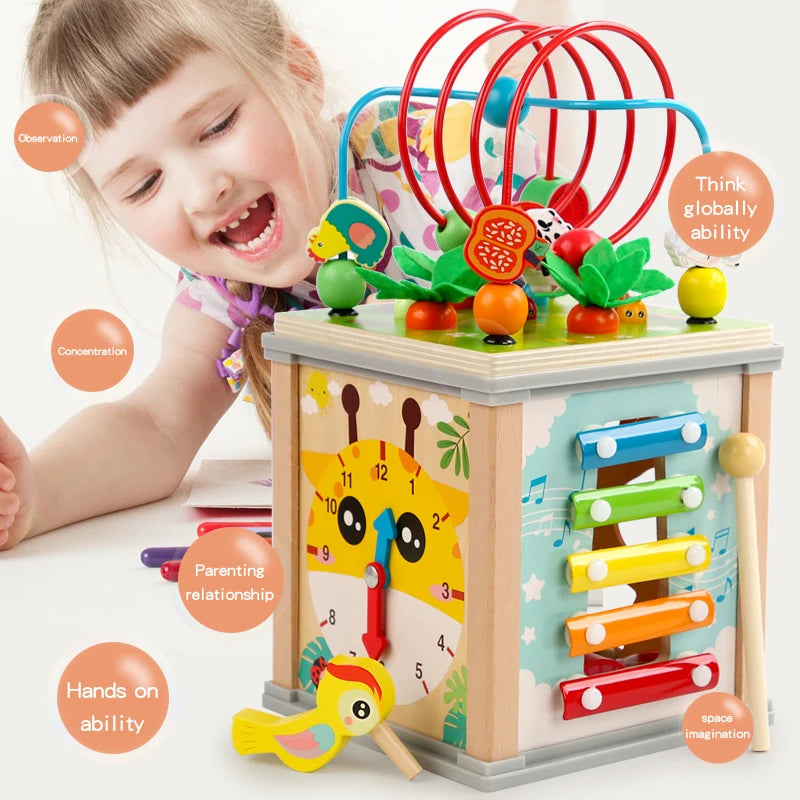 Montessori Wooden Children's Toys Multifunction Beaded Treasure Box Preschool Baby Building Blocks Early Education Kids Toys