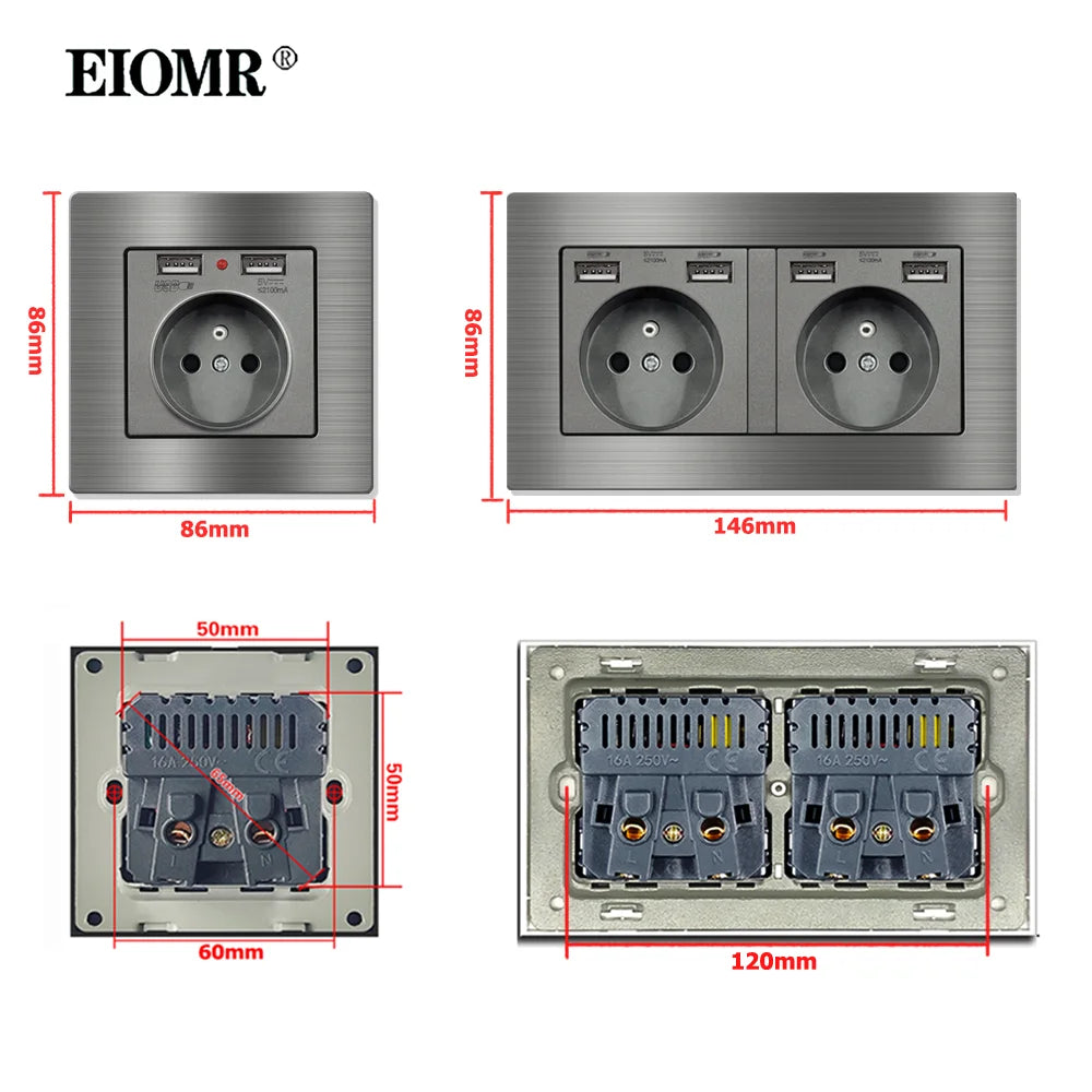 EIOMR France Standard Electrical Socket Grey Aluminum Alloy Panel Light Switch Rj45 Tv 220V 16A Wall Outlets for Home Appliance