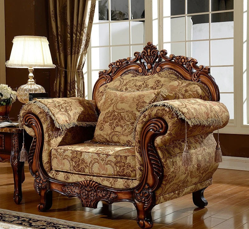 Decorative armchair with intricate carvings in a room with a lamp and window.