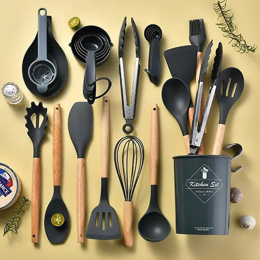 34Pcs Silicone Utensils Set with Wooden Handles