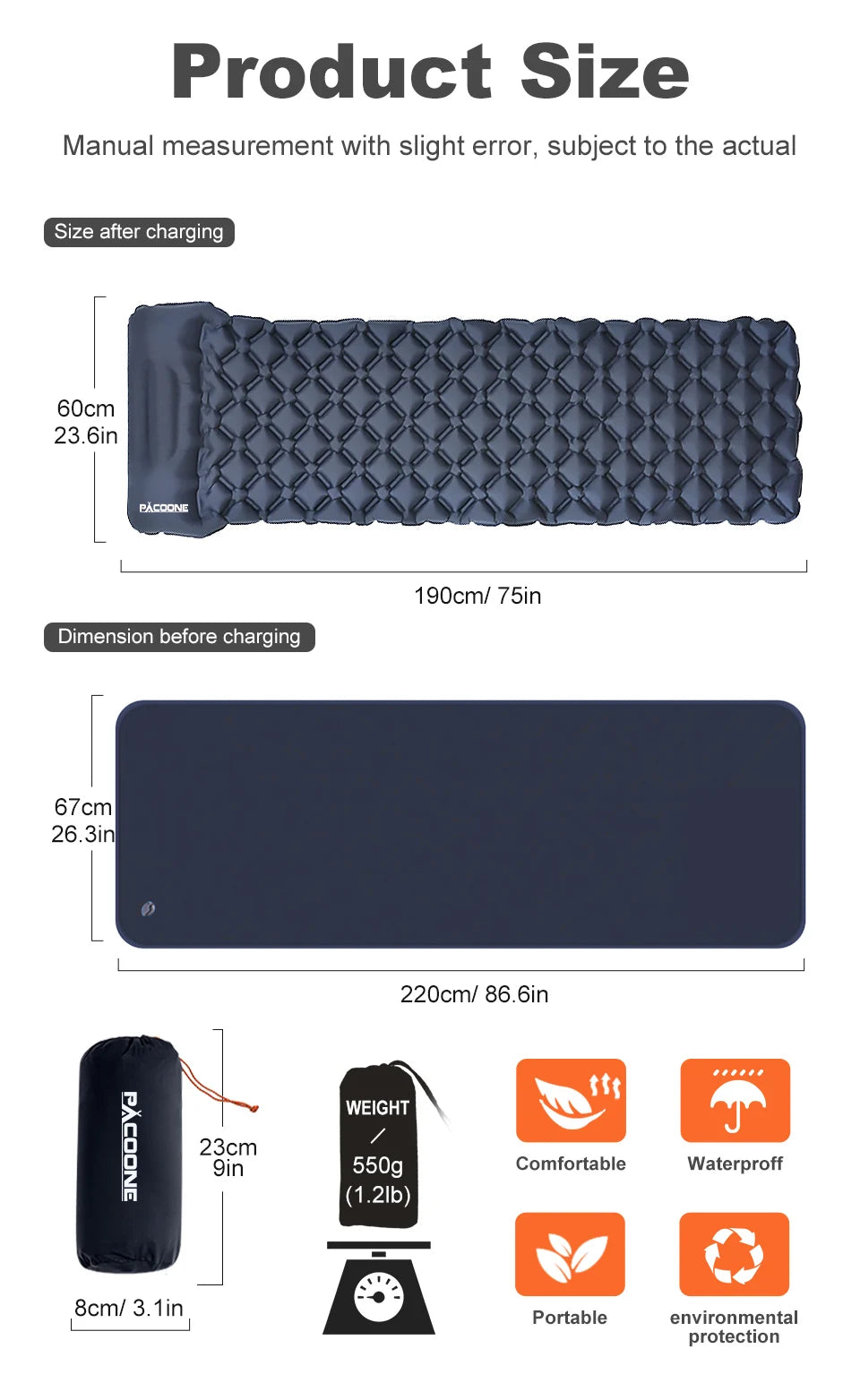 PACOONE Outdoor Camping Sleeping Pad | Folding Inflatable Mattress with Integrated Pillow