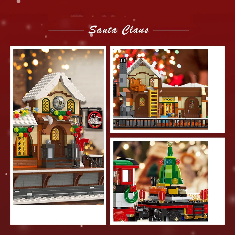 Christmas Train Platform With Light Street View Building Blocks Bricks Winter House Railway Station Model Assembly Toy Kid Gifts