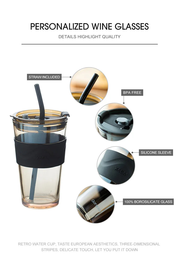 450ml Heat-Resistant Glass Coffee Cup with Silicone Lid & Glass Straw