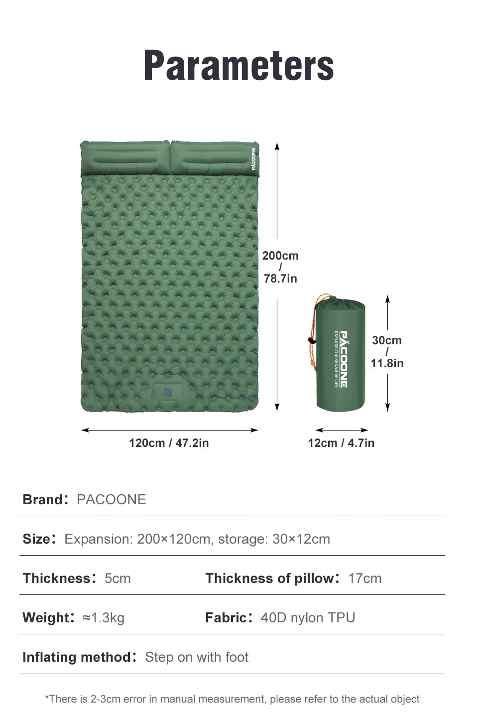 PACOONE Double Sleeping Pad Camping Mattress 2 Person Extra Thick Queen Camping Pads Tent Mattress for Adults (Foot Pump) New