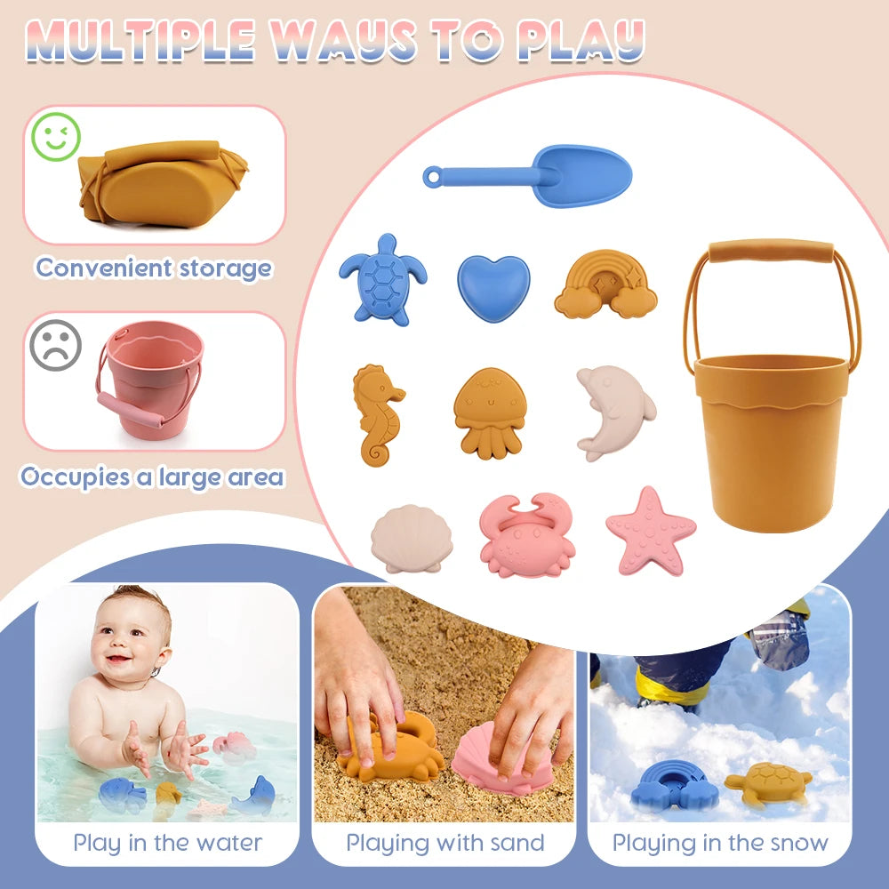 8pcs Food-Grade Silicone - Fun Summer Outdoor Toys for Kids  BPA-Free,  Beach Toys Eco-Friendly,with Bucket & 4 Color Set