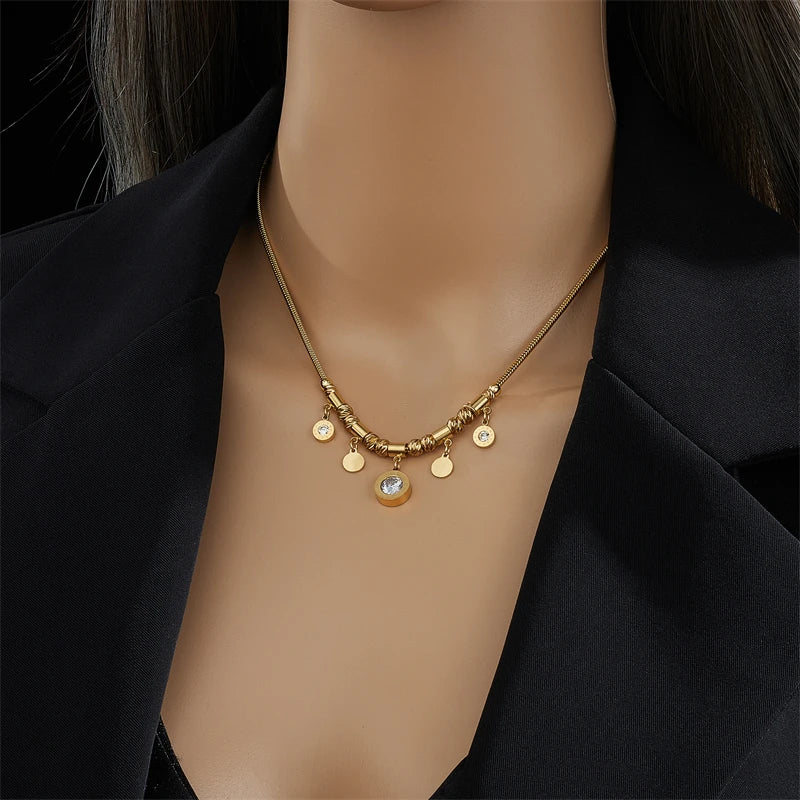 DIEYURO 316L Stainless Steel Round Roman Numeral Zircon Pendant Necklace For Women Vintage Ethnic Ladies Chain Jewelry Gifts