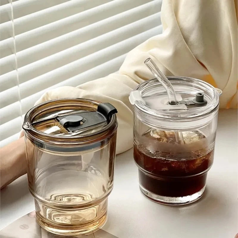 Transparent 400/450ml glass coffee cup / mug with lid and straw