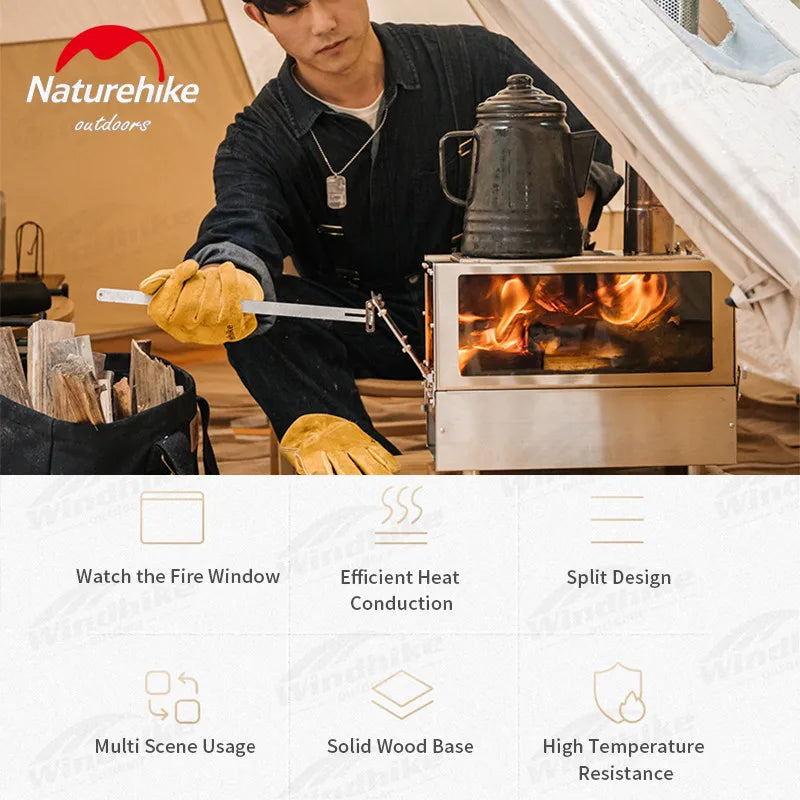 Naturehike Multi-Function Firewood Stove Winter Tent Heating Desktop Furnace Detachable Wood Burner Cook With 1.8m Chimney Pipe