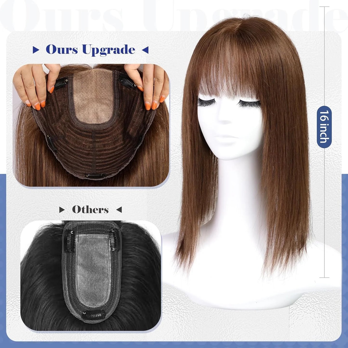 9x9inch Large Base Hair Pieces Dark Brown Human Hair Toppers 16 inch Toppers for Women with Multiple Non-slip Clips