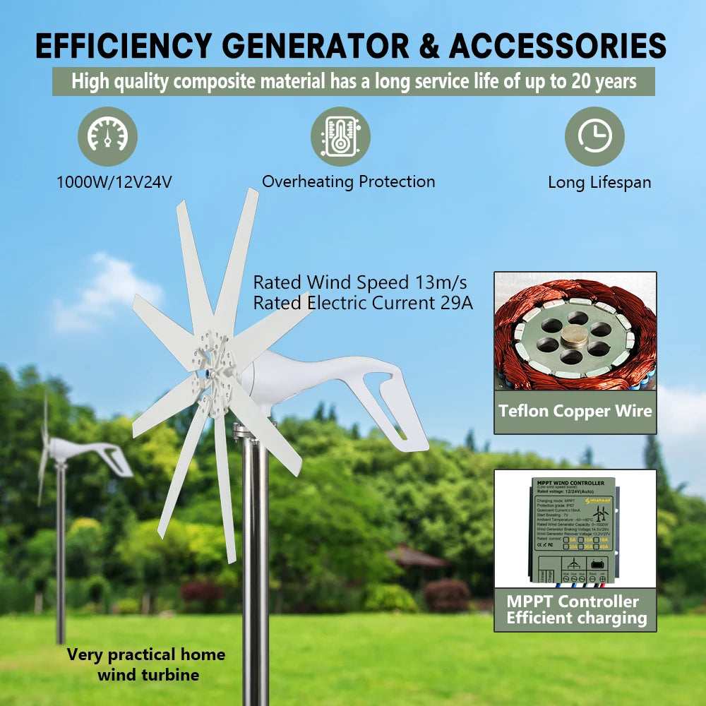 6kwh Horizontal Wind Turbine 12V 24V 48V With Free Controller and Solar Cell System For Household 220V