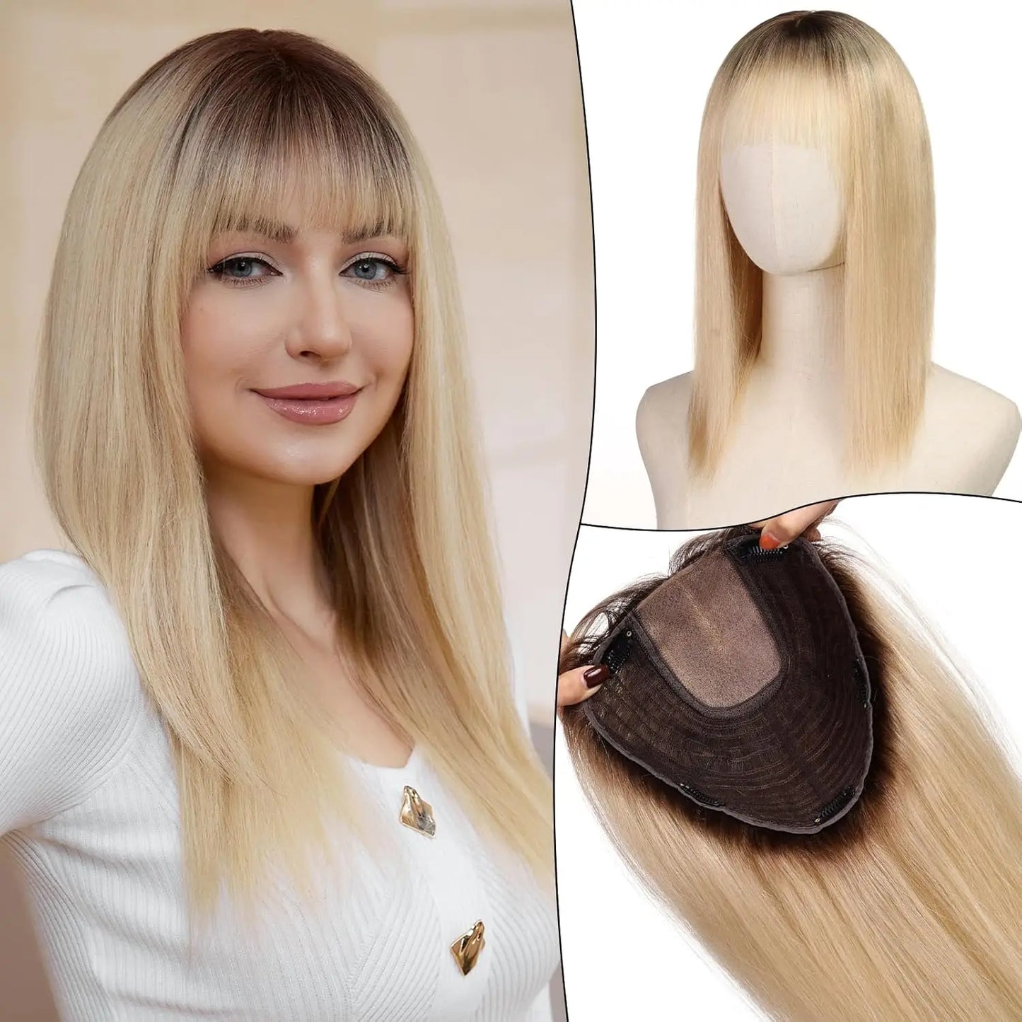 9x9inch Large Base Hair Pieces Dark Brown Human Hair Toppers 16 inch Toppers for Women with Multiple Non-slip Clips