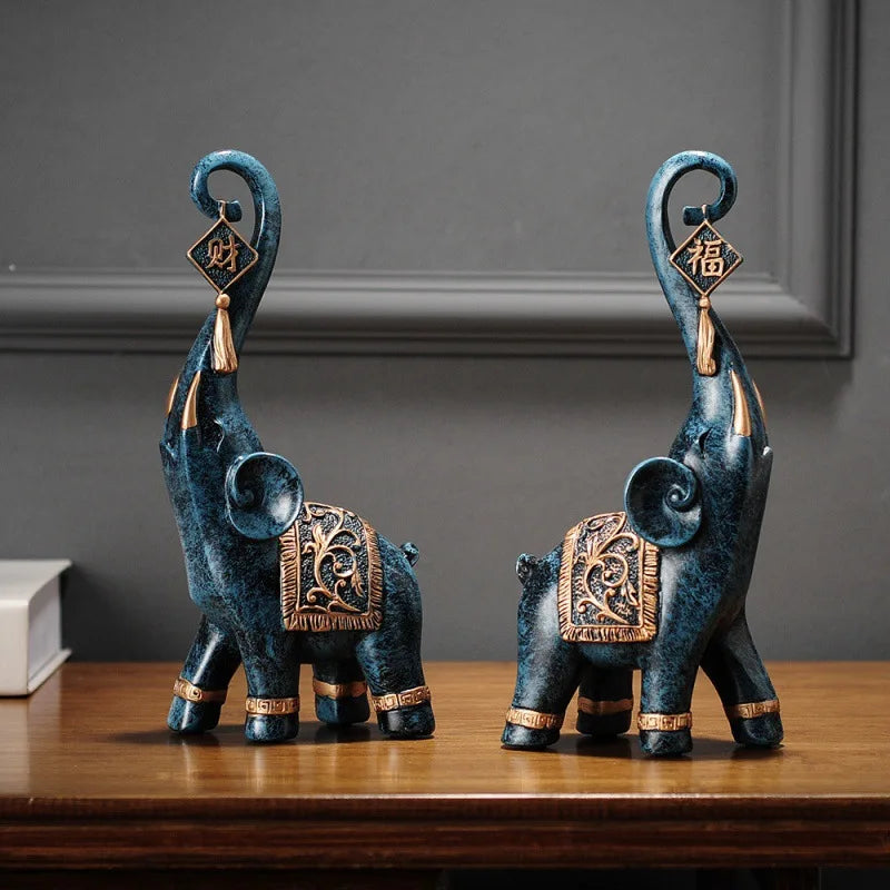 Chinese Style Lucky Wealth Elephant Trunk Figurine Home Decor Resin Statue Craft Gift