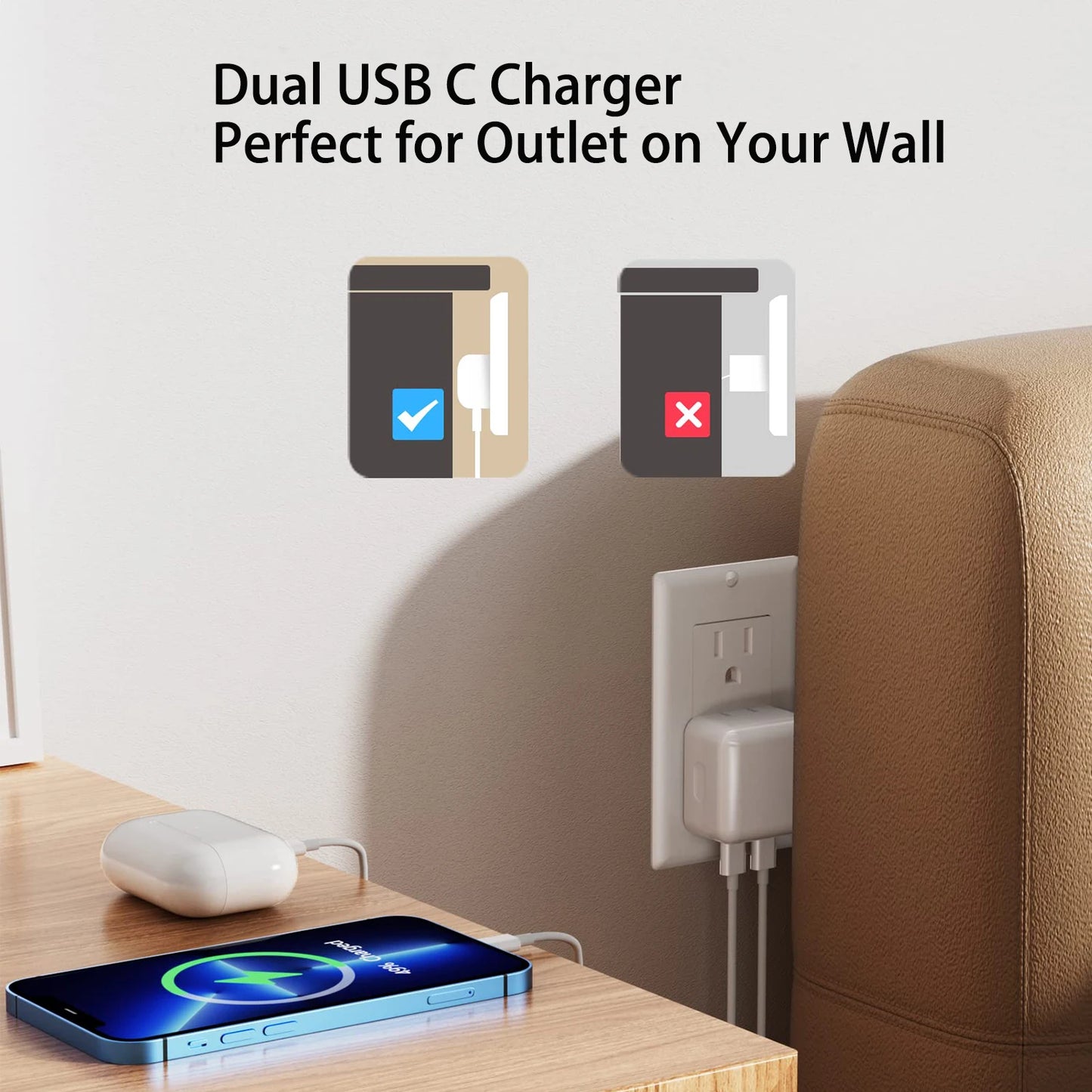 35W USB C Power Adapter Dual USB Type C Plug Fast Wall Charger Block with Charging Cable for iPhone 14/13/iPad/Samsung and More