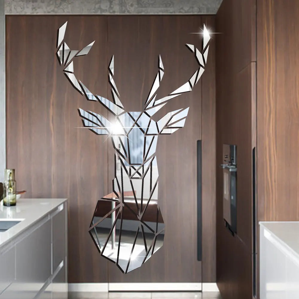 3D Deer Head Mirror Wall Sticker - Whimsical Home Decor