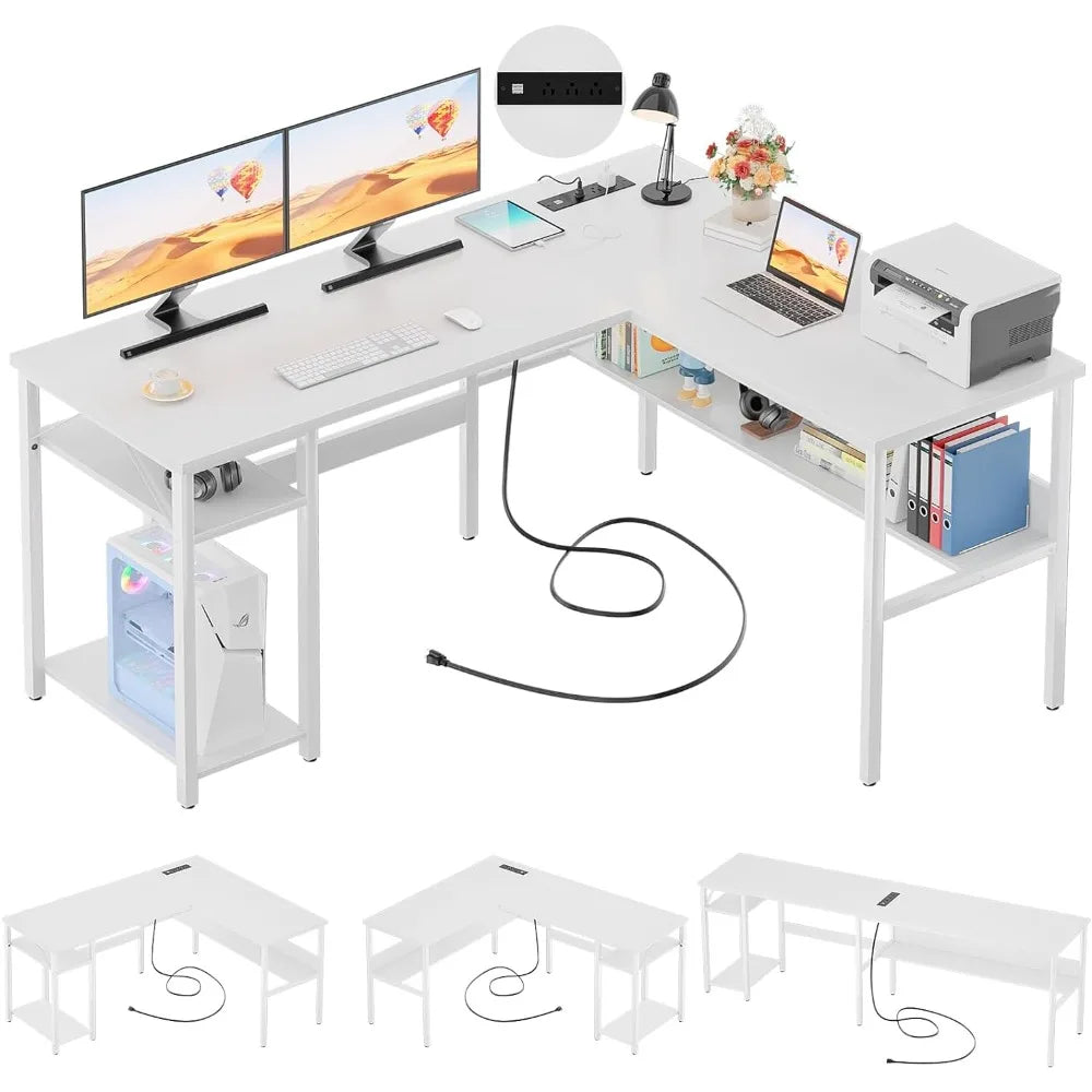 Room Desks Durable Work Desk for Home Office Reversible L Shaped Computer Desk With Magic Power Outlets and USB Charging Ports