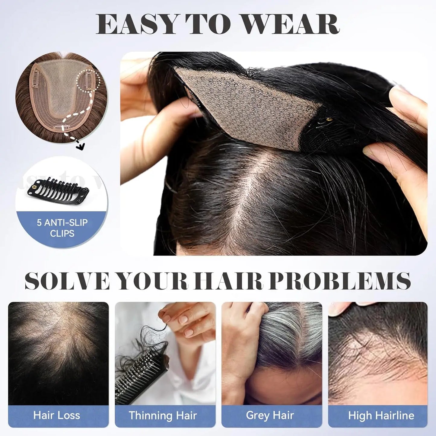 9x9inch Large Base Hair Pieces Dark Brown Human Hair Toppers 16 inch Toppers for Women with Multiple Non-slip Clips
