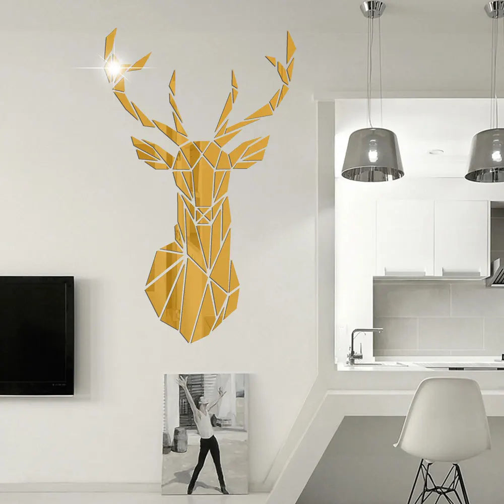 3D Deer Head Mirror Wall Sticker - Whimsical Home Decor