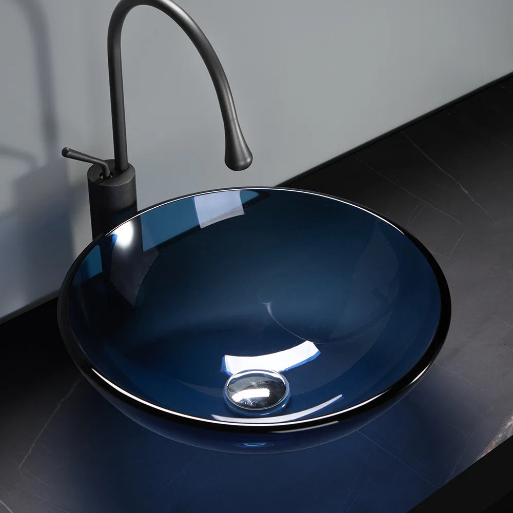 Blue Round Tempered Glass Sink for Bathroom