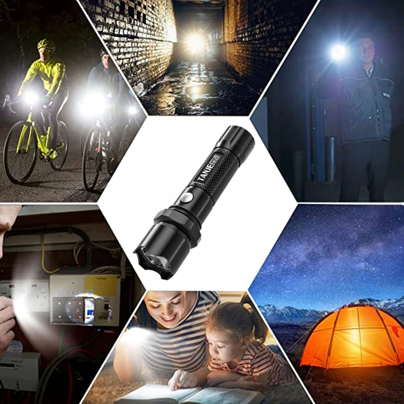 Versatile LED flashlight with 3 brightness USB rechargeable battery