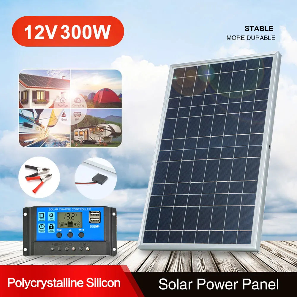 300W/500W Complete Solar Panel Kit – 12V Polycrystalline Portable Power Station with USB Charging for Home & Outdoor Adventures