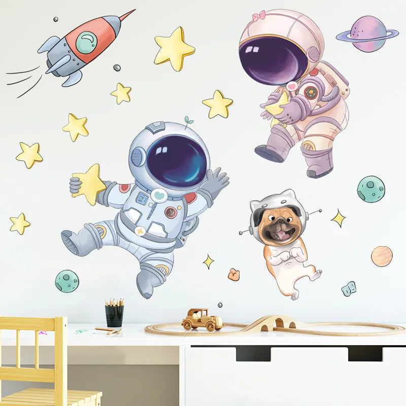 Lovely Starry Sky Astronaut Wall Sticker Kids Bedroom Background  Decoration Mural Home Decor Nursery Self-adhesive Wallpaper