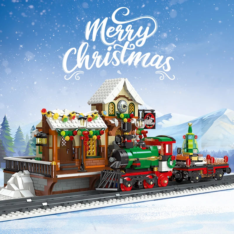 Christmas Train Platform With Light Street View Building Blocks Bricks Winter House Railway Station Model Assembly Toy Kid Gifts