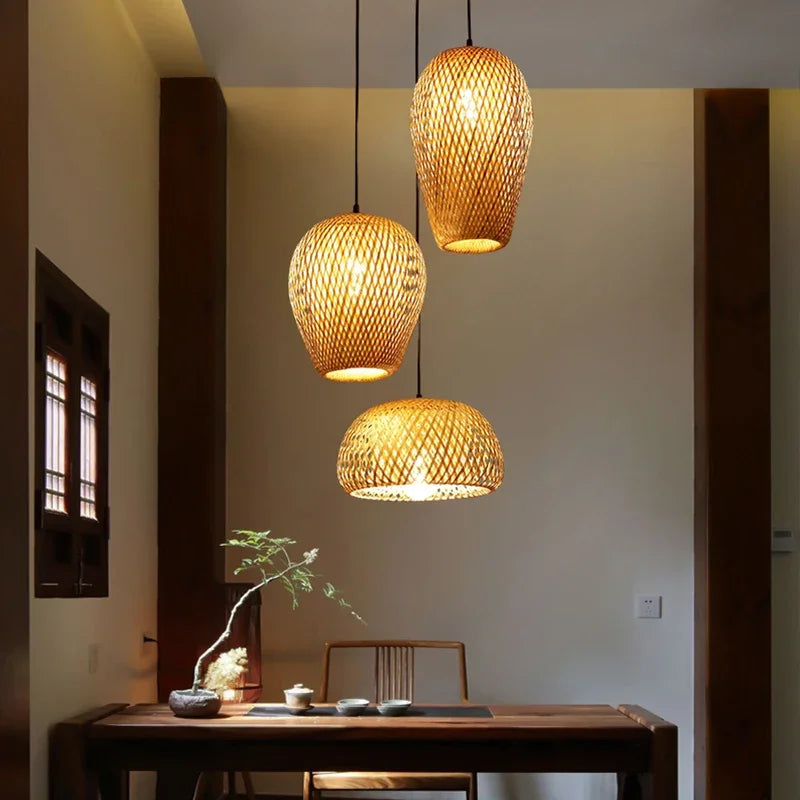 Classic Bamboo Wood Pendant Lamp Set