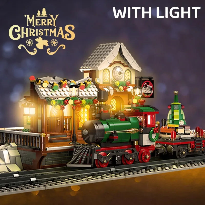 Christmas Train Platform With Light Street View Building Blocks Bricks Winter House Railway Station Model Assembly Toy Kid Gifts