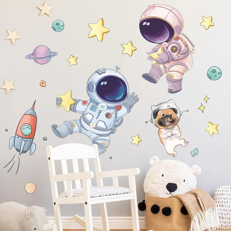 Lovely Starry Sky Astronaut Wall Sticker Kids Bedroom Background  Decoration Mural Home Decor Nursery Self-adhesive Wallpaper