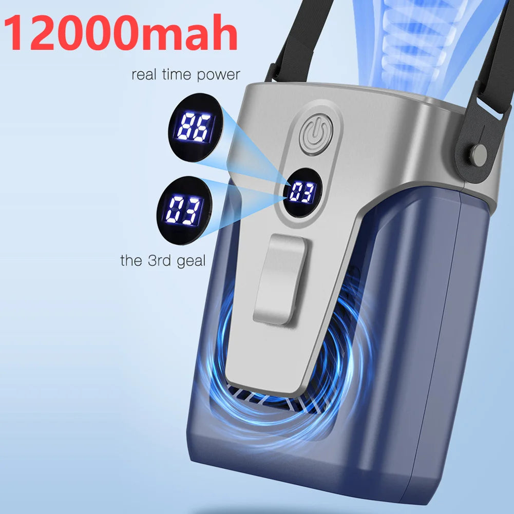 12000mAh Portable Waist Fan USB Rechargeable Air Conditioner Bladeless Mute Hanging Neck Fan for Outdoor Sports