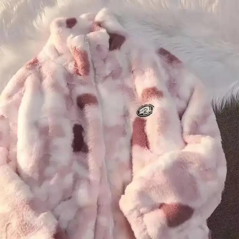 Lamb Velvet Oversized Thickened Women's Jacket Tie Dye Lazy Style Winter Fashion Casual Loose Fit New 2022 Short Outerwear