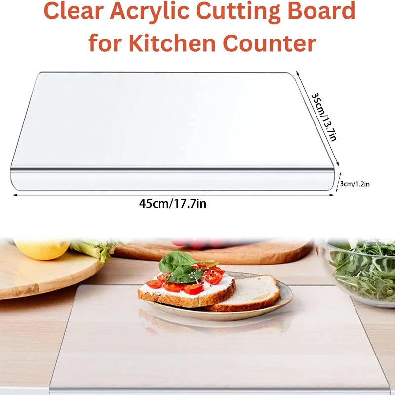 Acrylic Cutting Board with Counter Lip, 17.5x13.5 Inch Clear Non-Slip Chopping Board for Kitchen Countertop, Perfect for Bread, Meat, Veggies & More, Great Essential Kitchen Decor