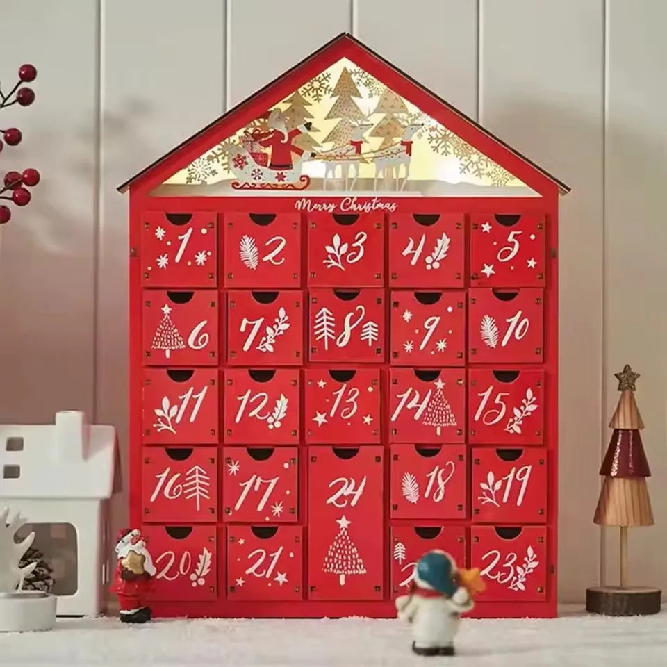 Wooden Christmas Advent Calendar – 24 Drawer Village House with LED Lights, Refillable DIY Countdown Box, Festive Holiday Decoration