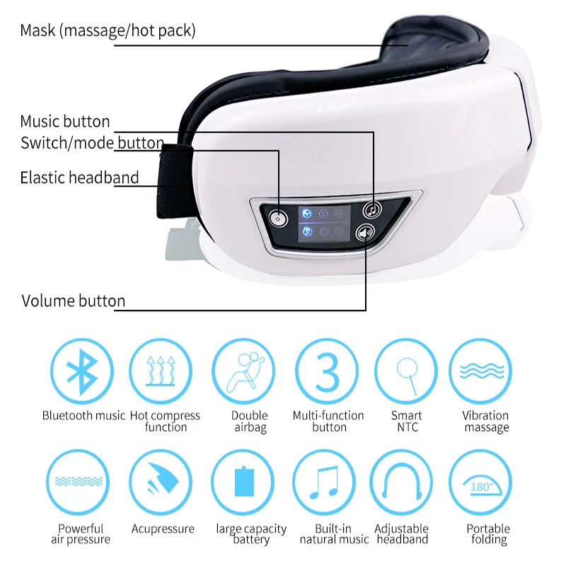 6D Smart Eye Massager - Vibration Hot Airbag Compress Eye Care Instrument - Bluetooth Music Eye Massage Glasses