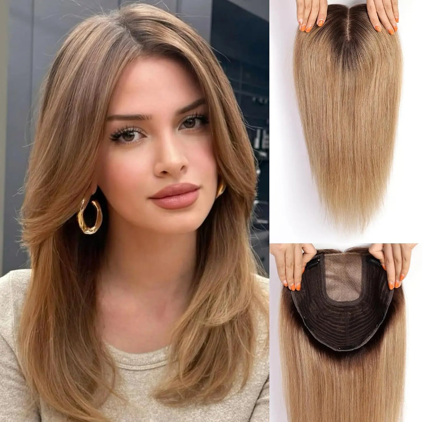 9x9inch Large Base Hair Pieces Dark Brown Human Hair Toppers 16 inch Toppers for Women with Multiple Non-slip Clips
