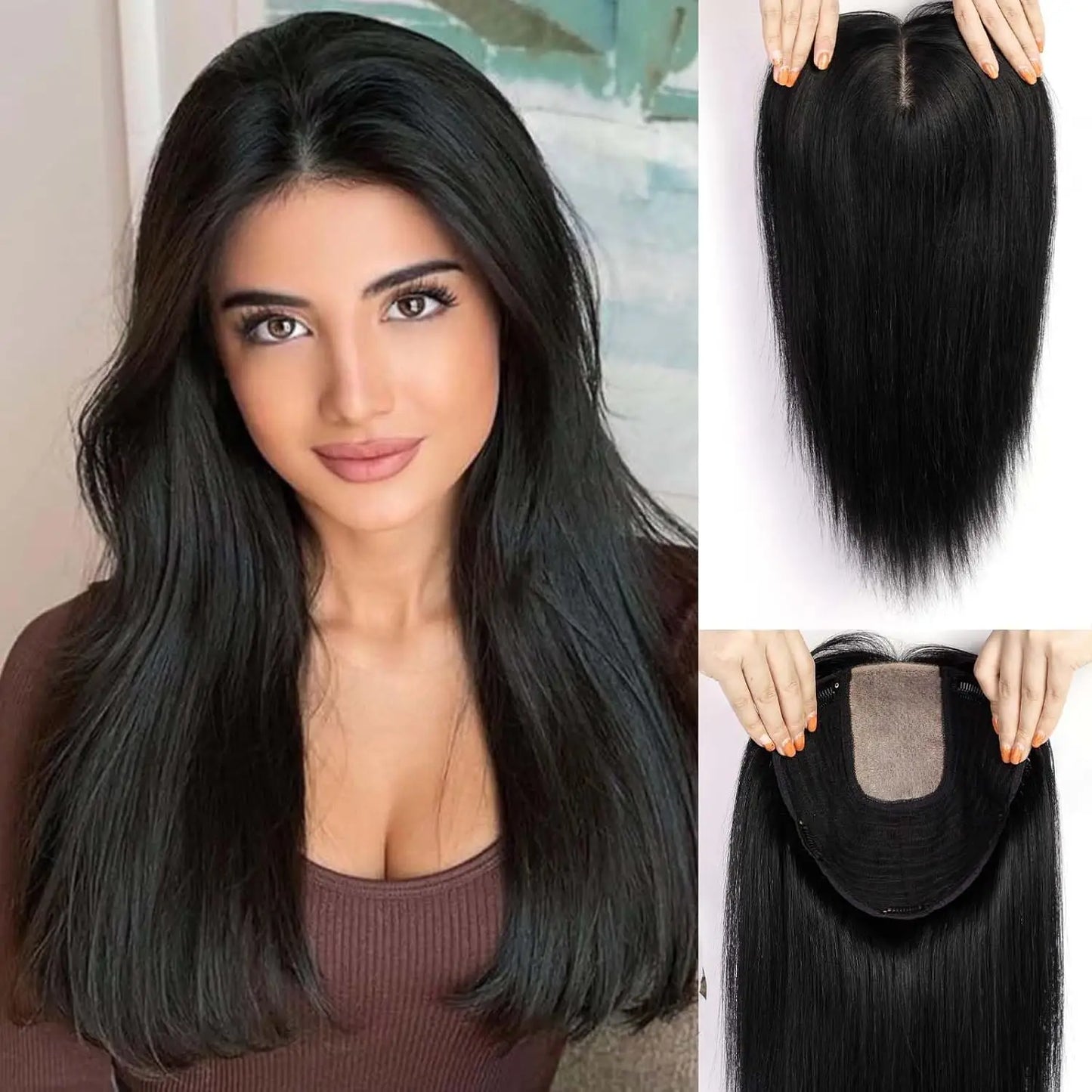 9x9inch Large Base Hair Pieces Dark Brown Human Hair Toppers 16 inch Toppers for Women with Multiple Non-slip Clips