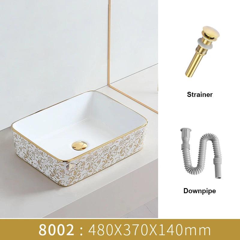 Golden Flower Design Ceramic Bathroom Sink Set