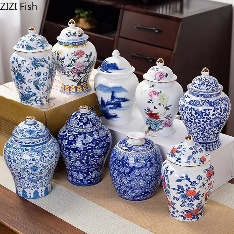 Blue & White Porcelain Tea Canister - Elegant Storage & Desk Décor